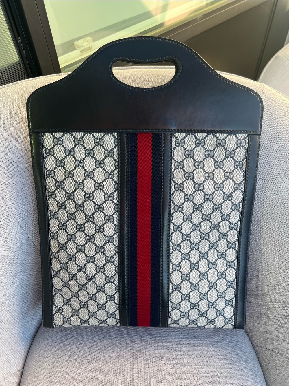 Gucci Old Sherry Line GG Logo Leather Handbag Tote Red Navy blue - Picture 2 of 13